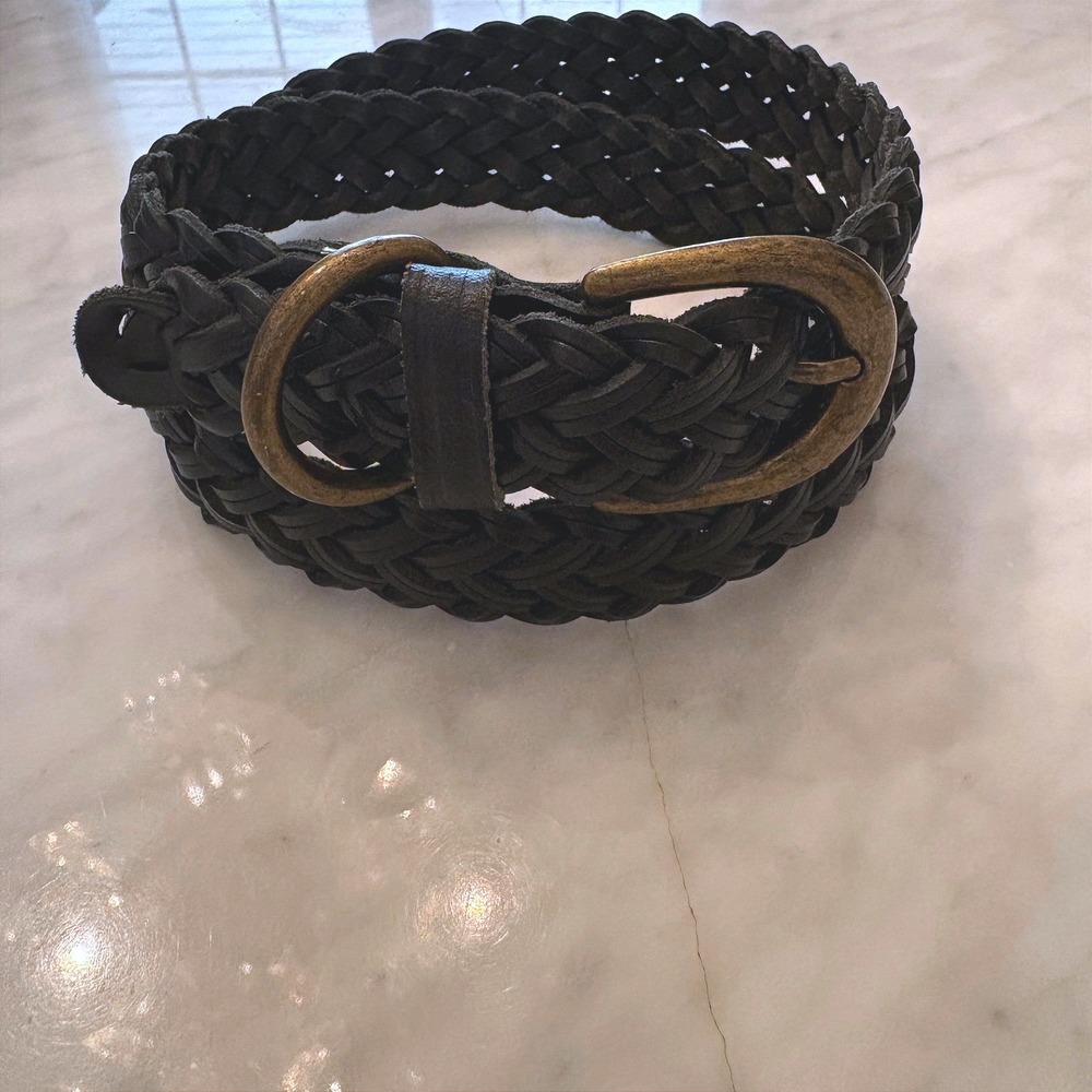 Vintage Guatemala Genuine Leather Braided Black Belt Brass Buckle Small Boho